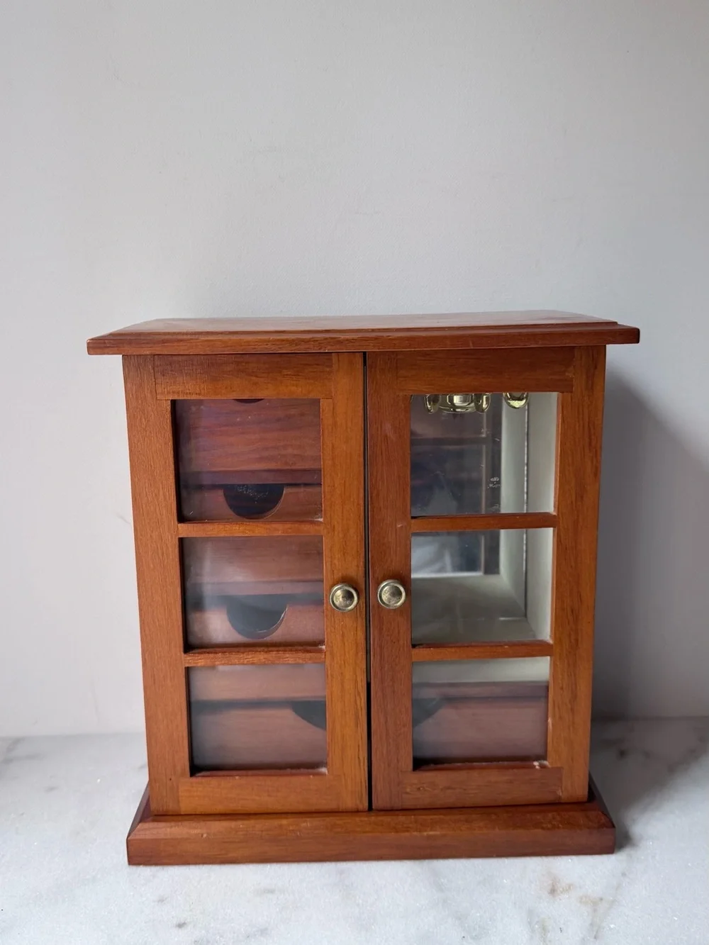 Wooden Glass-Front Jewelry Cabinet in Warm Brown vintage jewelry holder storage